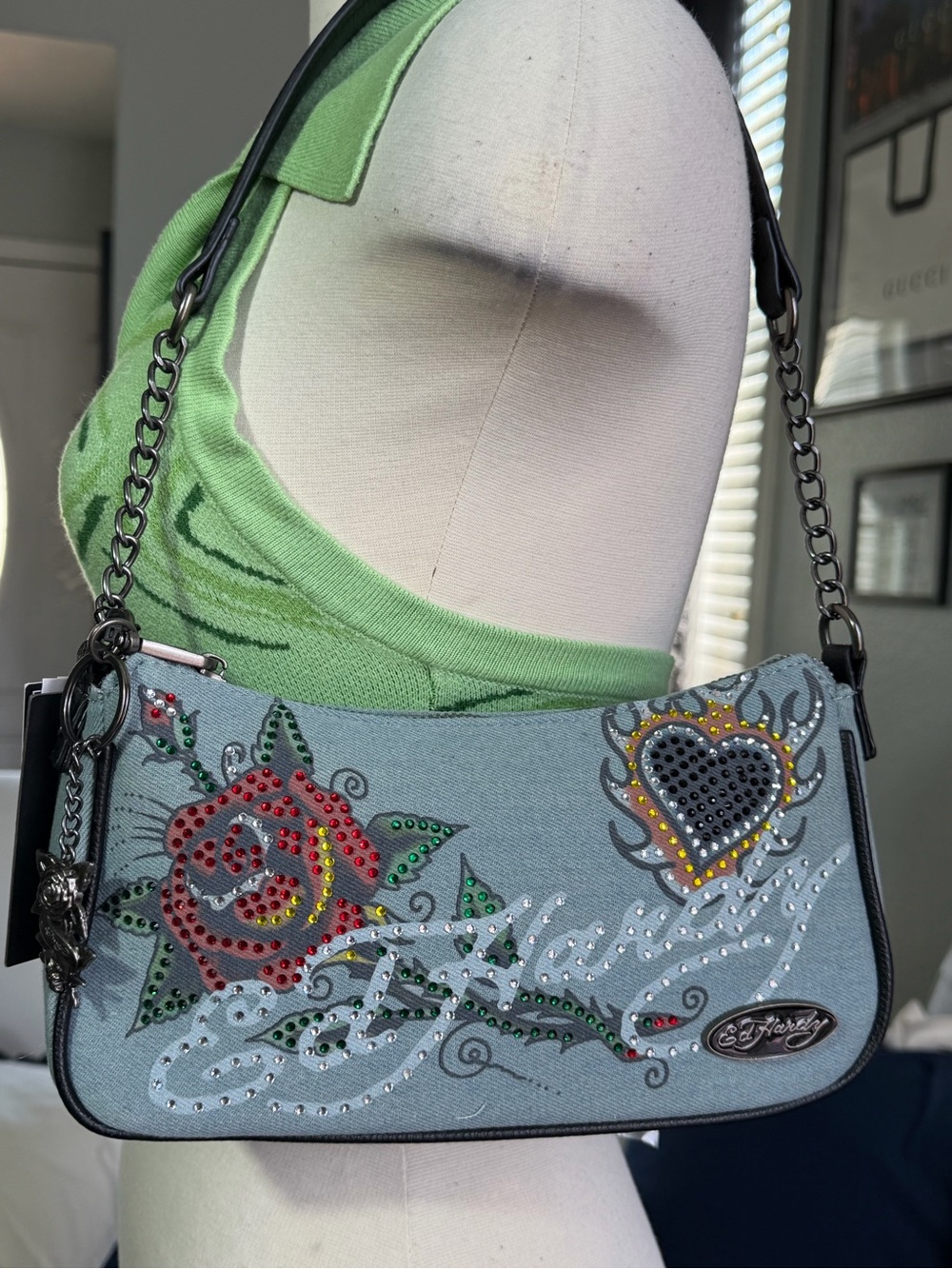 Ed Hardy Light Blue Floral Rhinestone Shoulder Bag